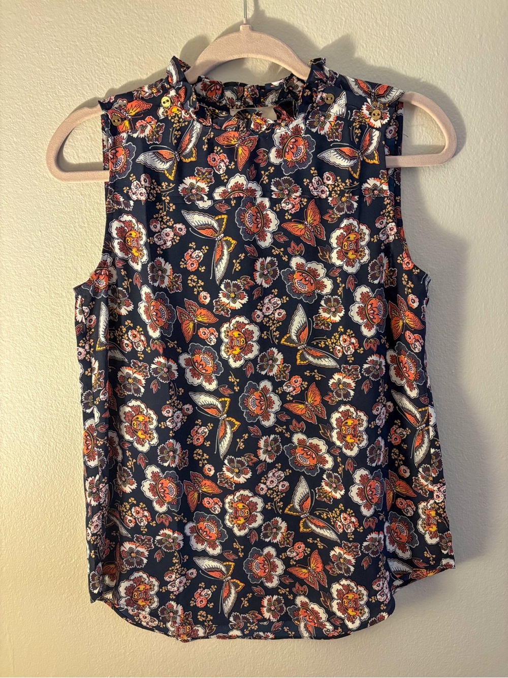 LOFT Floral Mock Neck Sleeveless Top - Black with Orange Floral